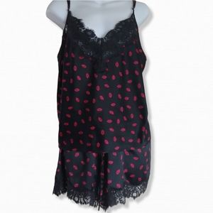 INC intimates silky 2 piece sleepwear black with kisses size XL